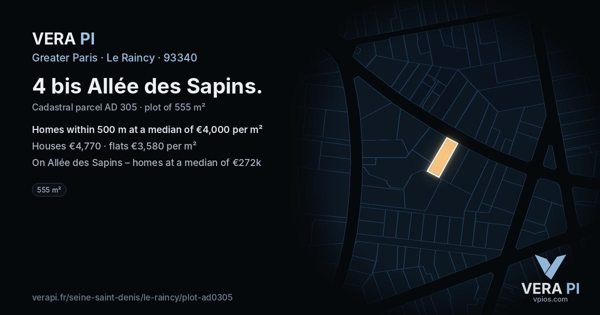 4 bis Allée des Sapins, Le Raincy at night – the plot lit, the parcels around coloured by the prices near them