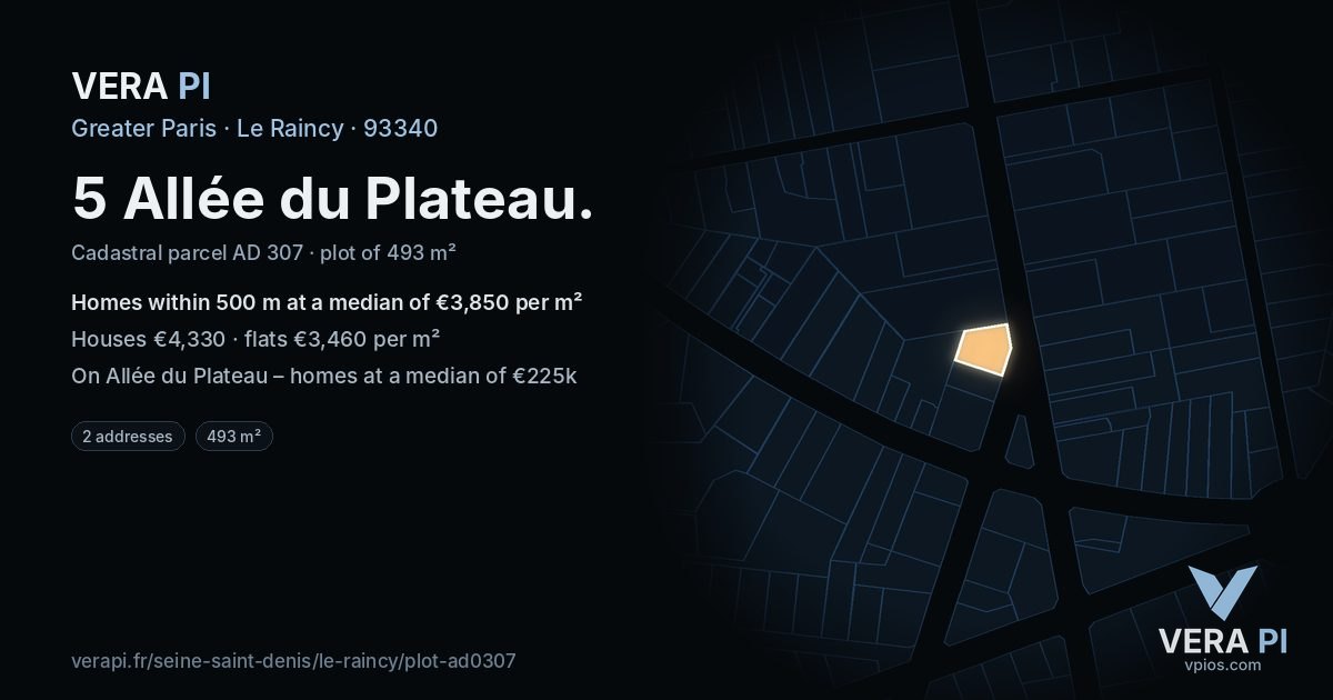 5 Allée du Plateau, Le Raincy at night – the plot lit, the parcels around coloured by the prices near them
