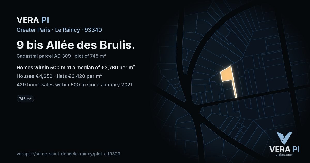 9 bis Allée des Brulis, Le Raincy at night – the plot lit, the parcels around coloured by the prices near them