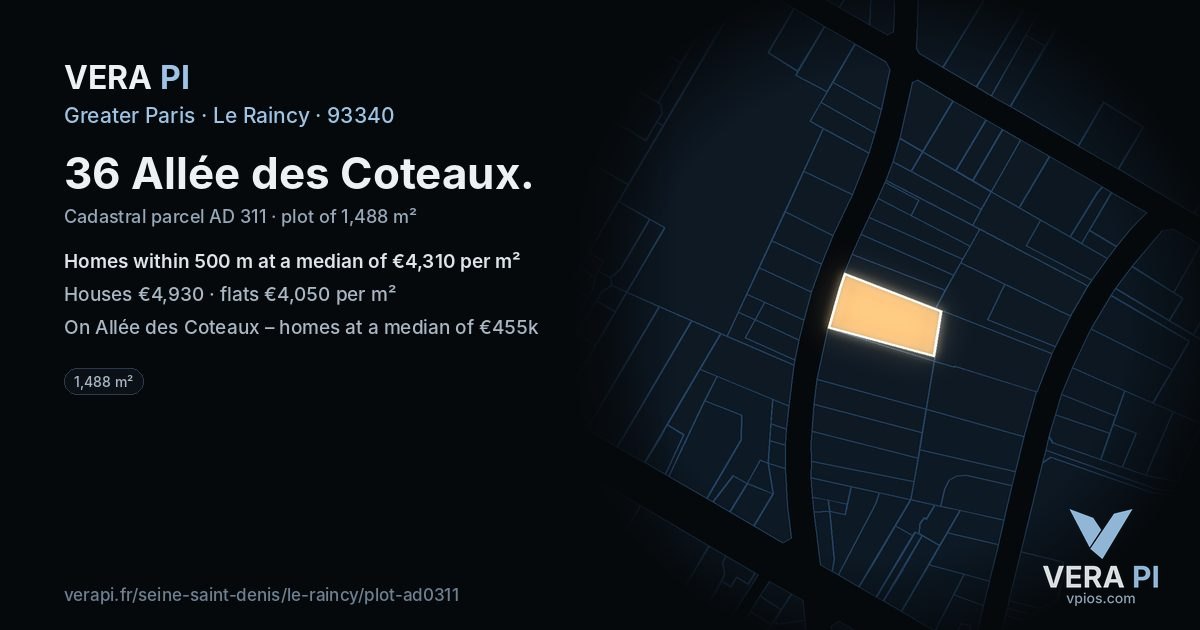 36 Allée des Coteaux, Le Raincy at night – the plot lit, the parcels around coloured by the prices near them