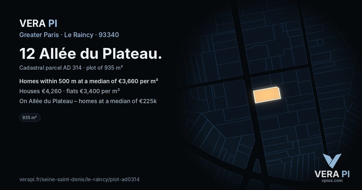 12 Allée du Plateau, Le Raincy at night – the plot lit, the parcels around coloured by the prices near them