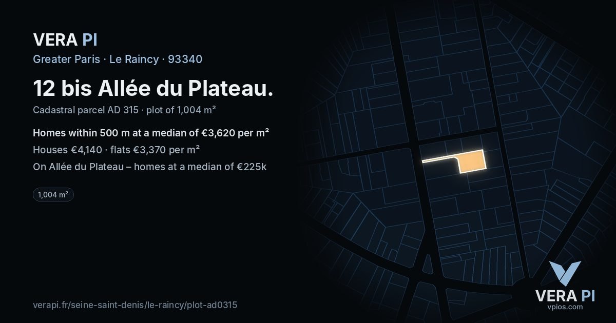 12 bis Allée du Plateau, Le Raincy at night – the plot lit, the parcels around coloured by the prices near them