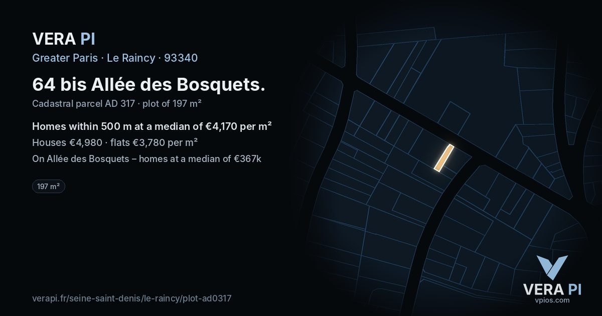64 bis Allée des Bosquets, Le Raincy at night – the plot lit, the parcels around coloured by the prices near them