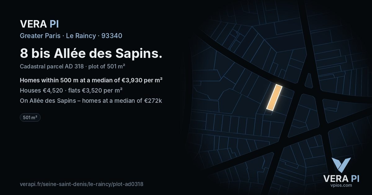 8 bis Allée des Sapins, Le Raincy at night – the plot lit, the parcels around coloured by the prices near them