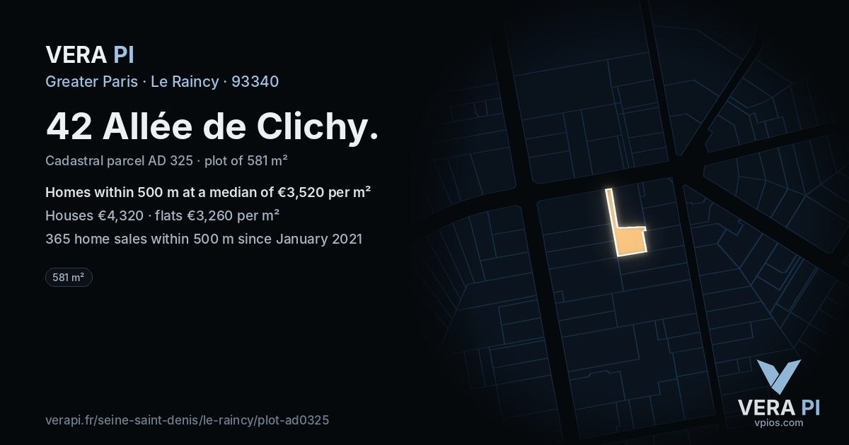 42 Allée de Clichy, Le Raincy at night – the plot lit, the parcels around coloured by the prices near them