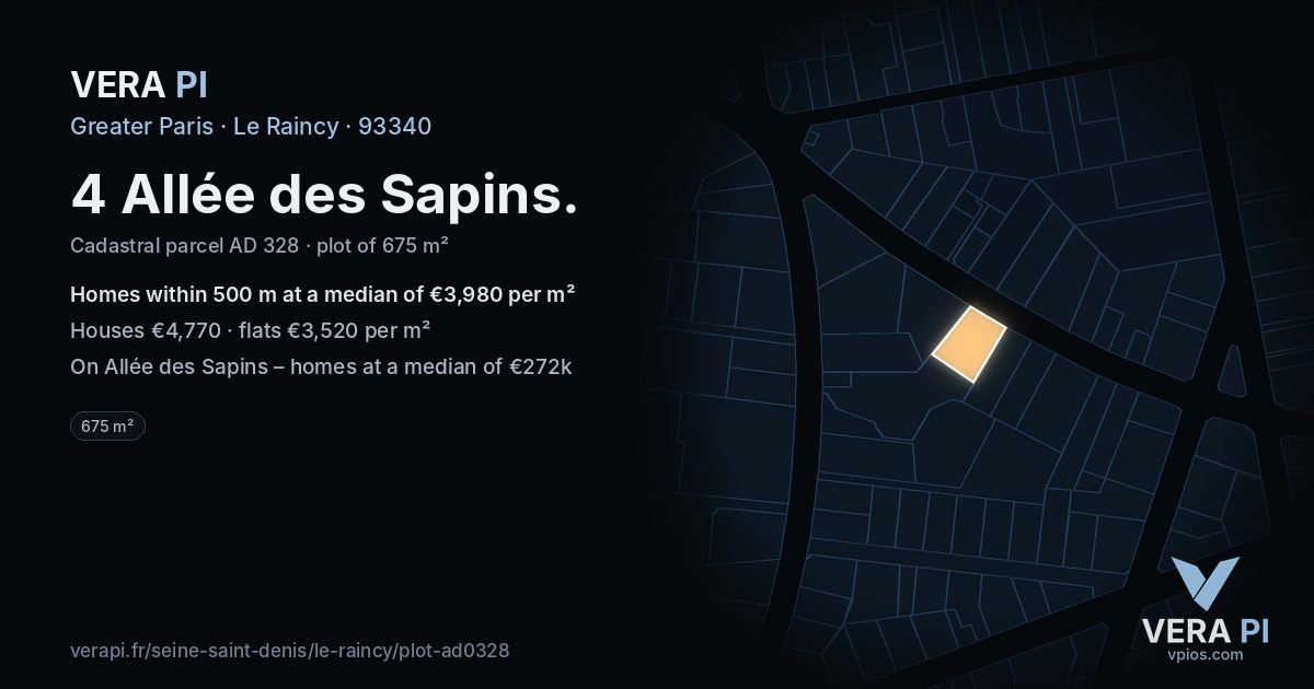 4 Allée des Sapins, Le Raincy at night – the plot lit, the parcels around coloured by the prices near them