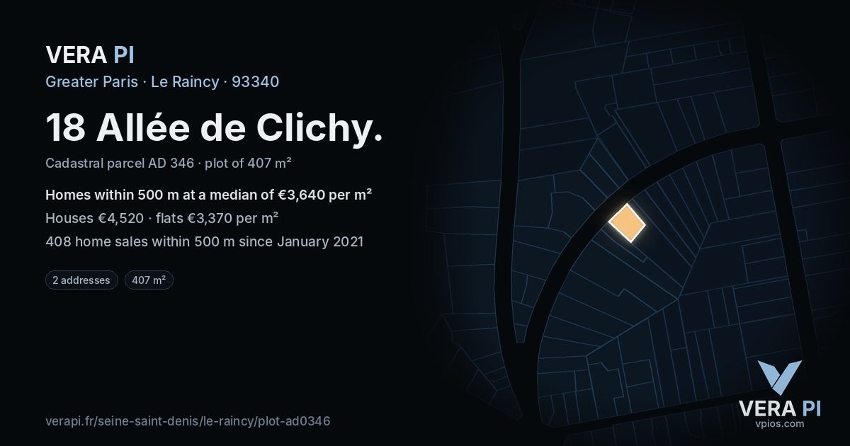 18 Allée de Clichy, Le Raincy at night – the plot lit, the parcels around coloured by the prices near them