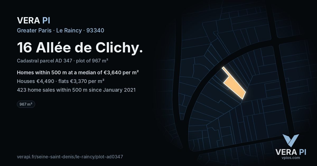 16 Allée de Clichy, Le Raincy at night – the plot lit, the parcels around coloured by the prices near them