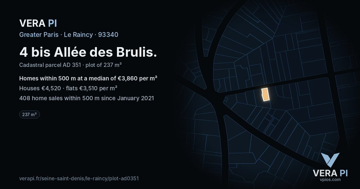 4 bis Allée des Brulis, Le Raincy at night – the plot lit, the parcels around coloured by the prices near them
