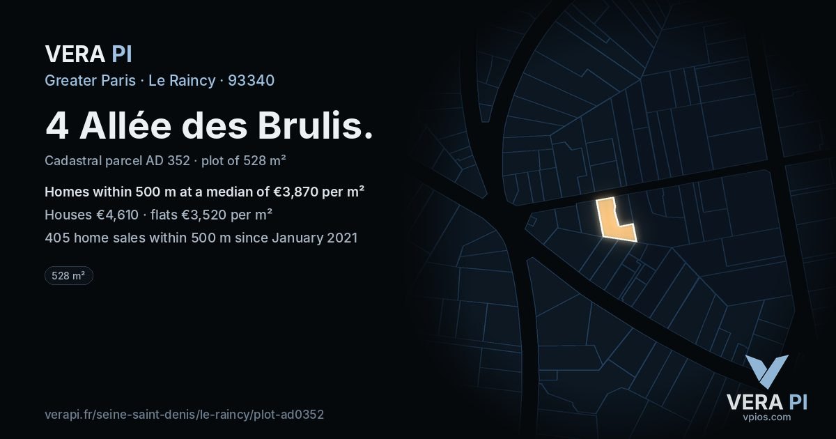 4 Allée des Brulis, Le Raincy at night – the plot lit, the parcels around coloured by the prices near them