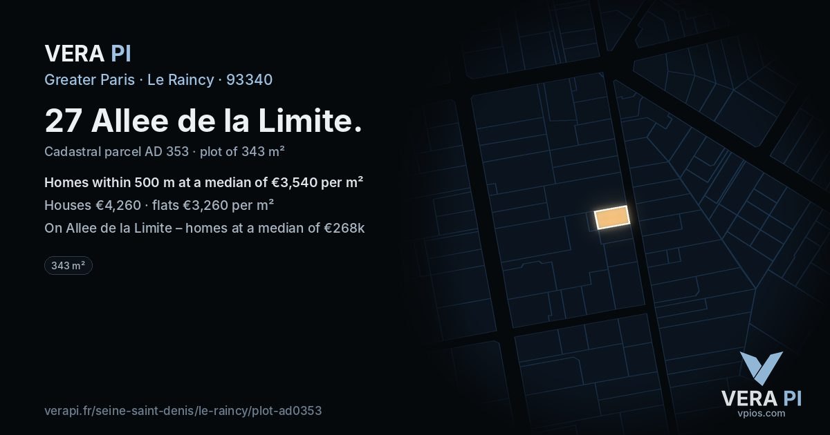 27 Allee de la Limite, Le Raincy at night – the plot lit, the parcels around coloured by the prices near them