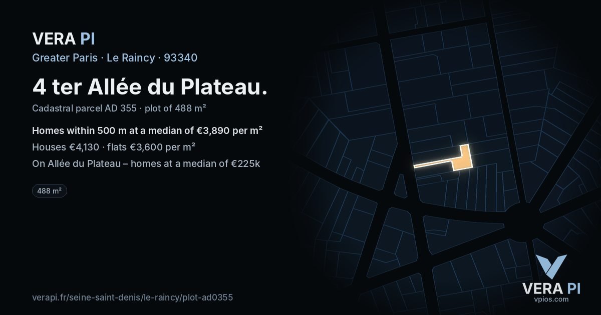 4 ter Allée du Plateau, Le Raincy at night – the plot lit, the parcels around coloured by the prices near them
