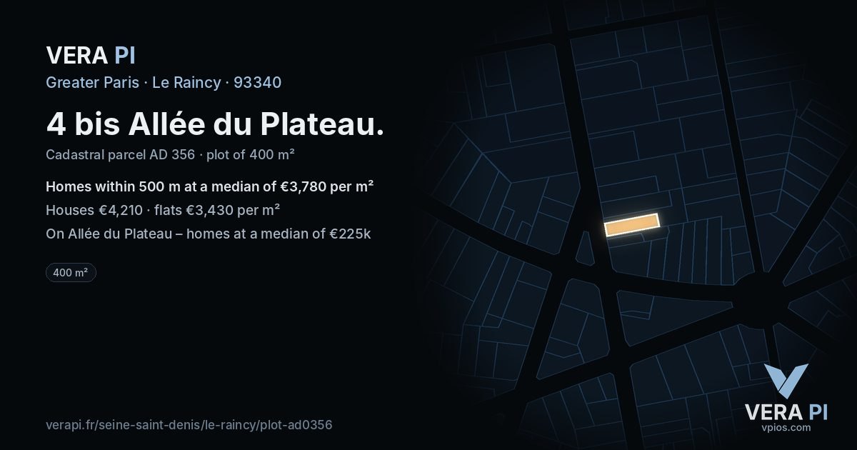 4 bis Allée du Plateau, Le Raincy at night – the plot lit, the parcels around coloured by the prices near them