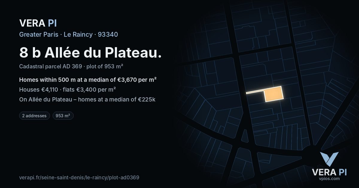 8 b Allée du Plateau, Le Raincy at night – the plot lit, the parcels around coloured by the prices near them