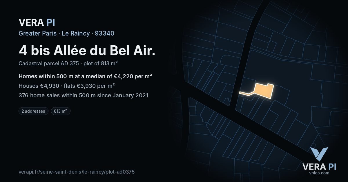 4 bis Allée du Bel Air, Le Raincy at night – the plot lit, the parcels around coloured by the prices near them