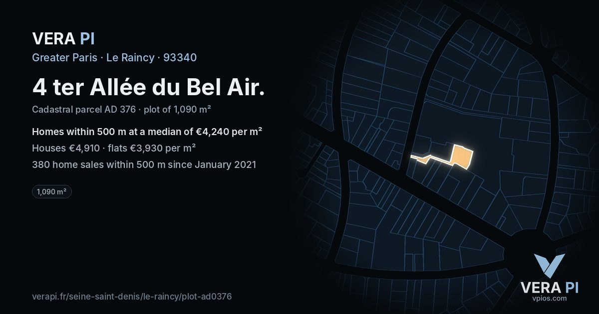 4 ter Allée du Bel Air, Le Raincy at night – the plot lit, the parcels around coloured by the prices near them