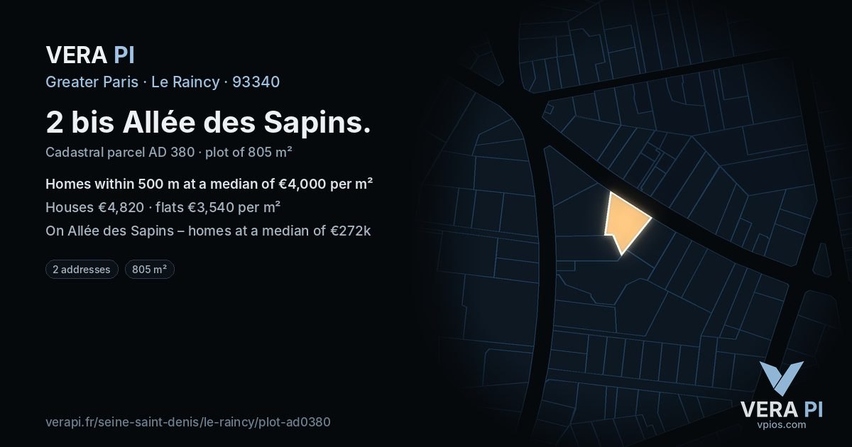 2 bis Allée des Sapins, Le Raincy at night – the plot lit, the parcels around coloured by the prices near them