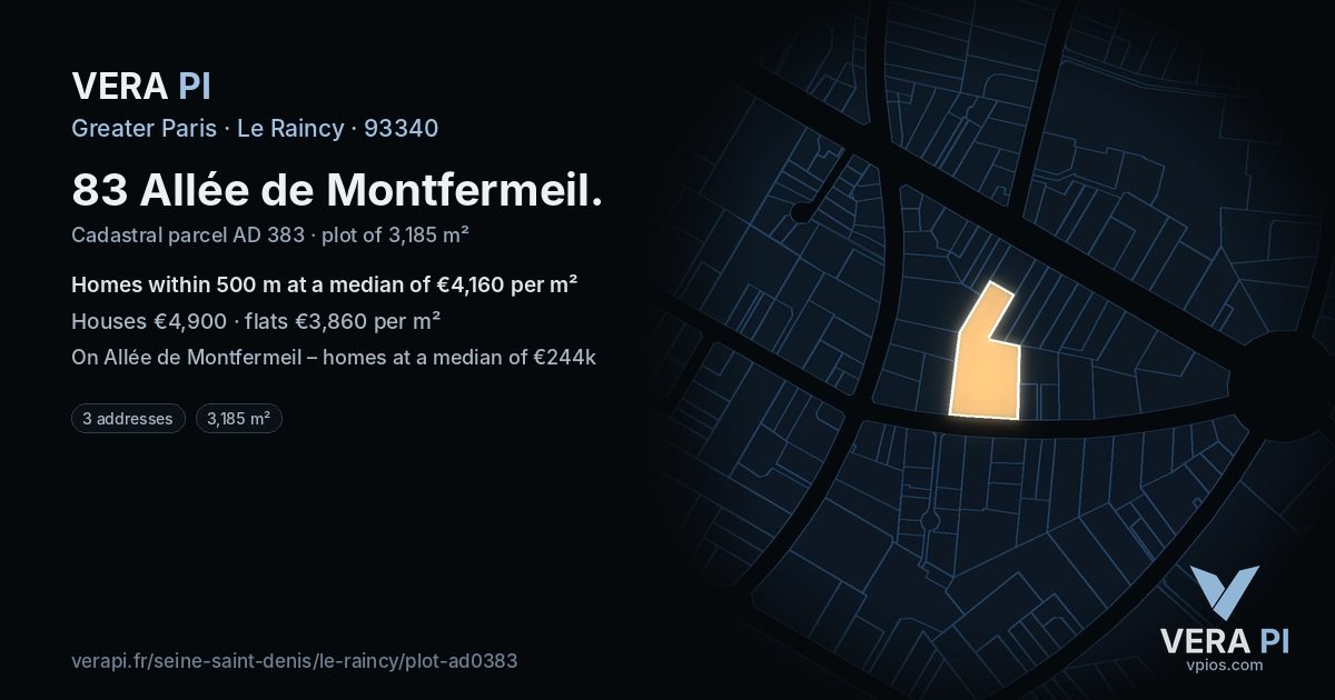 83 Allée de Montfermeil, Le Raincy at night – the plot lit, the parcels around coloured by the prices near them