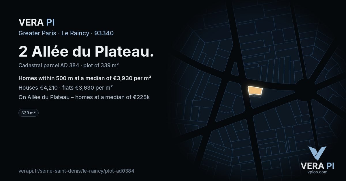 2 Allée du Plateau, Le Raincy at night – the plot lit, the parcels around coloured by the prices near them
