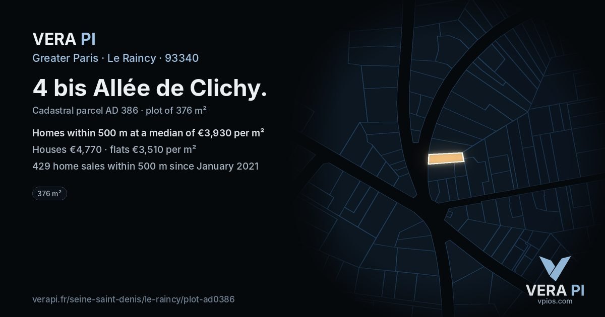 4 bis Allée de Clichy, Le Raincy at night – the plot lit, the parcels around coloured by the prices near them
