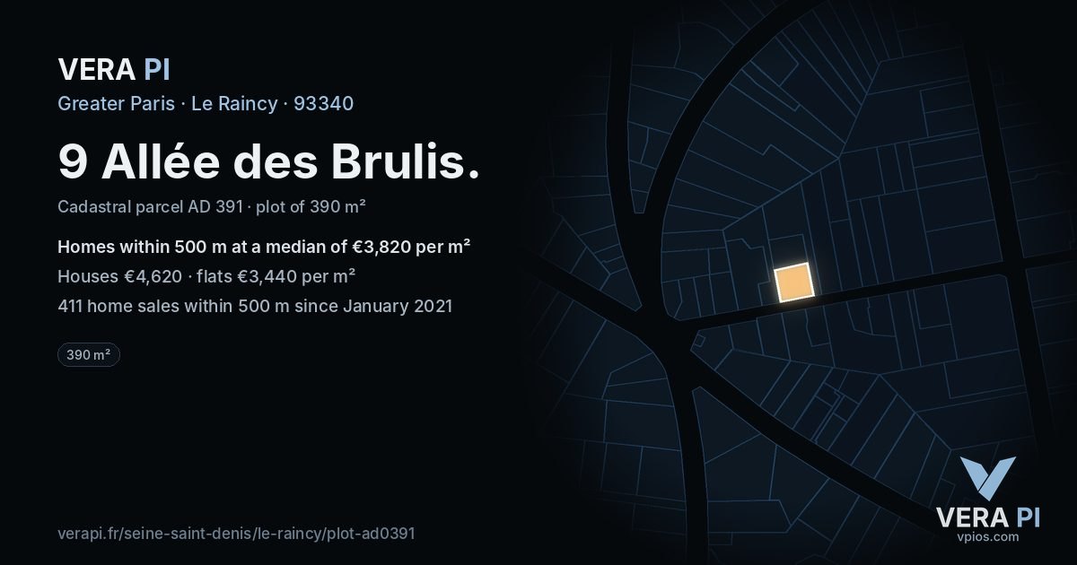 9 Allée des Brulis, Le Raincy at night – the plot lit, the parcels around coloured by the prices near them