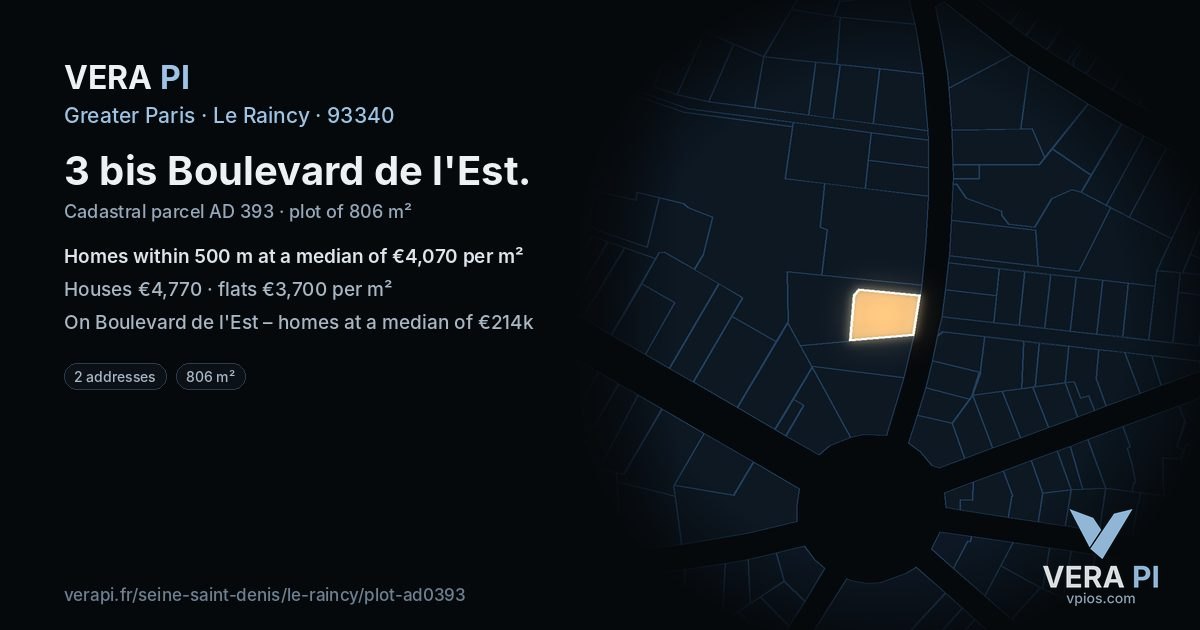 3 bis Boulevard de l'Est, Le Raincy at night – the plot lit, the parcels around coloured by the prices near them