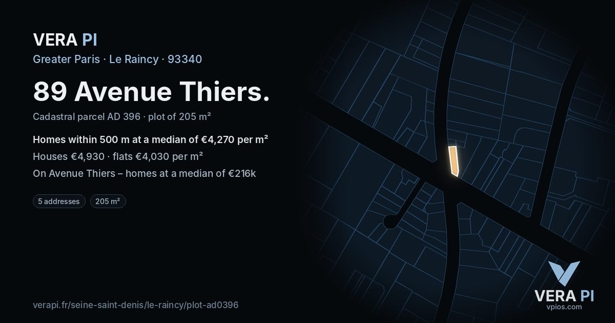 89 Avenue Thiers, Le Raincy at night – the plot lit, the parcels around coloured by the prices near them