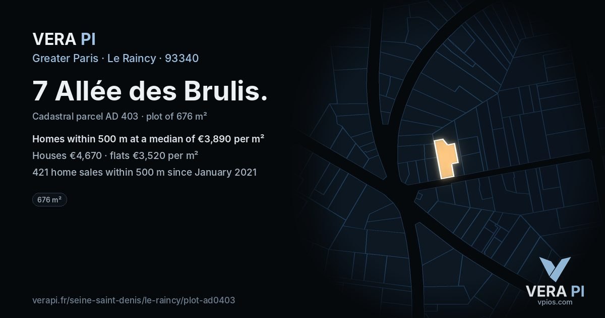 7 Allée des Brulis, Le Raincy at night – the plot lit, the parcels around coloured by the prices near them