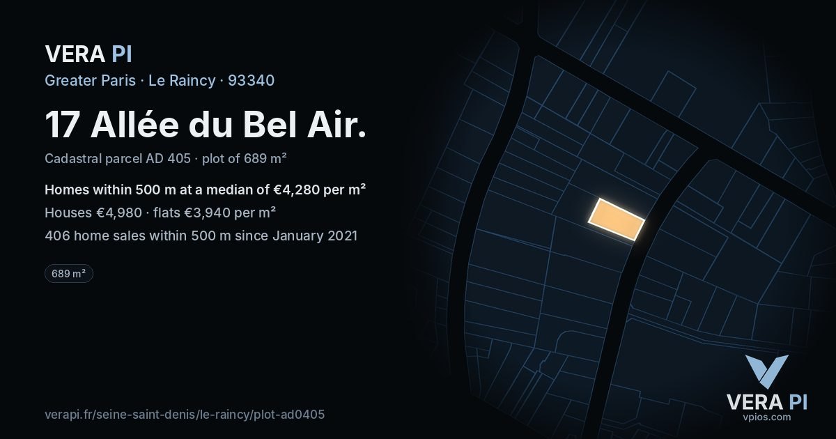 17 Allée du Bel Air, Le Raincy at night – the plot lit, the parcels around coloured by the prices near them