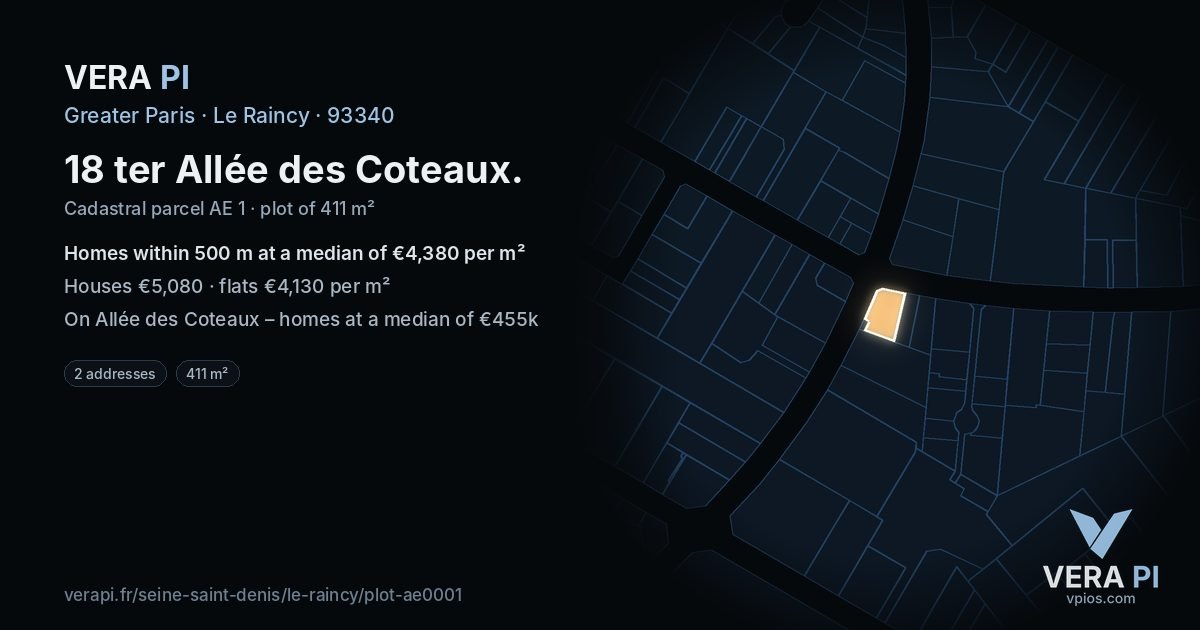 18 ter Allée des Coteaux, Le Raincy at night – the plot lit, the parcels around coloured by the prices near them