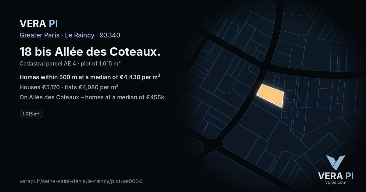 18 bis Allée des Coteaux, Le Raincy at night – the plot lit, the parcels around coloured by the prices near them