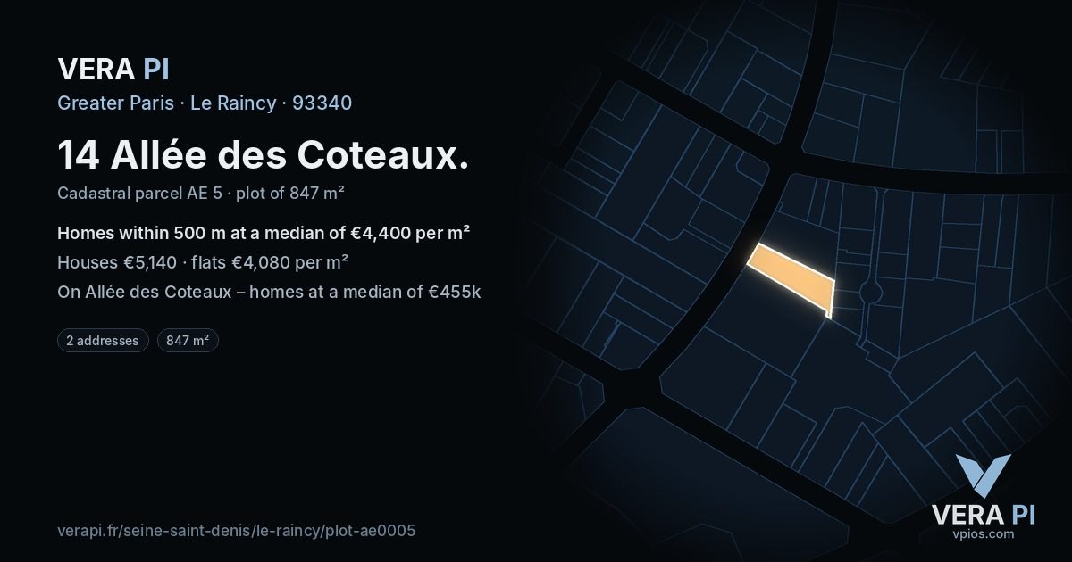 14 Allée des Coteaux, Le Raincy at night – the plot lit, the parcels around coloured by the prices near them