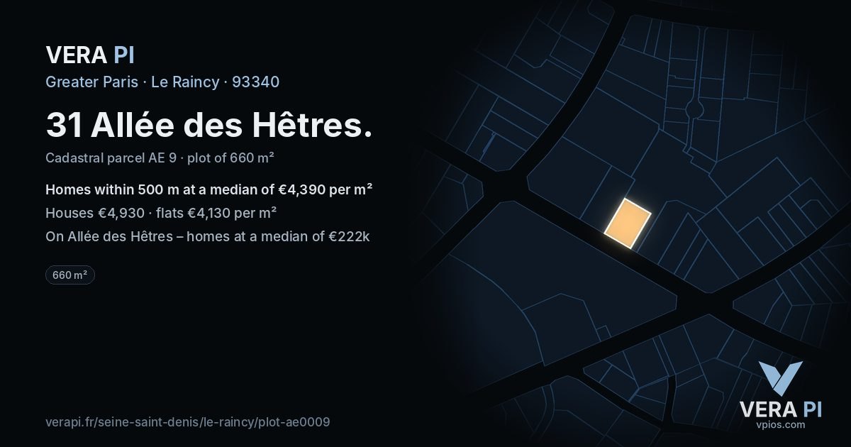 31 Allée des Hêtres, Le Raincy at night – the plot lit, the parcels around coloured by the prices near them