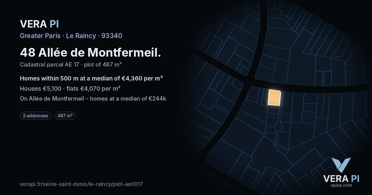 48 Allée de Montfermeil, Le Raincy at night – the plot lit, the parcels around coloured by the prices near them