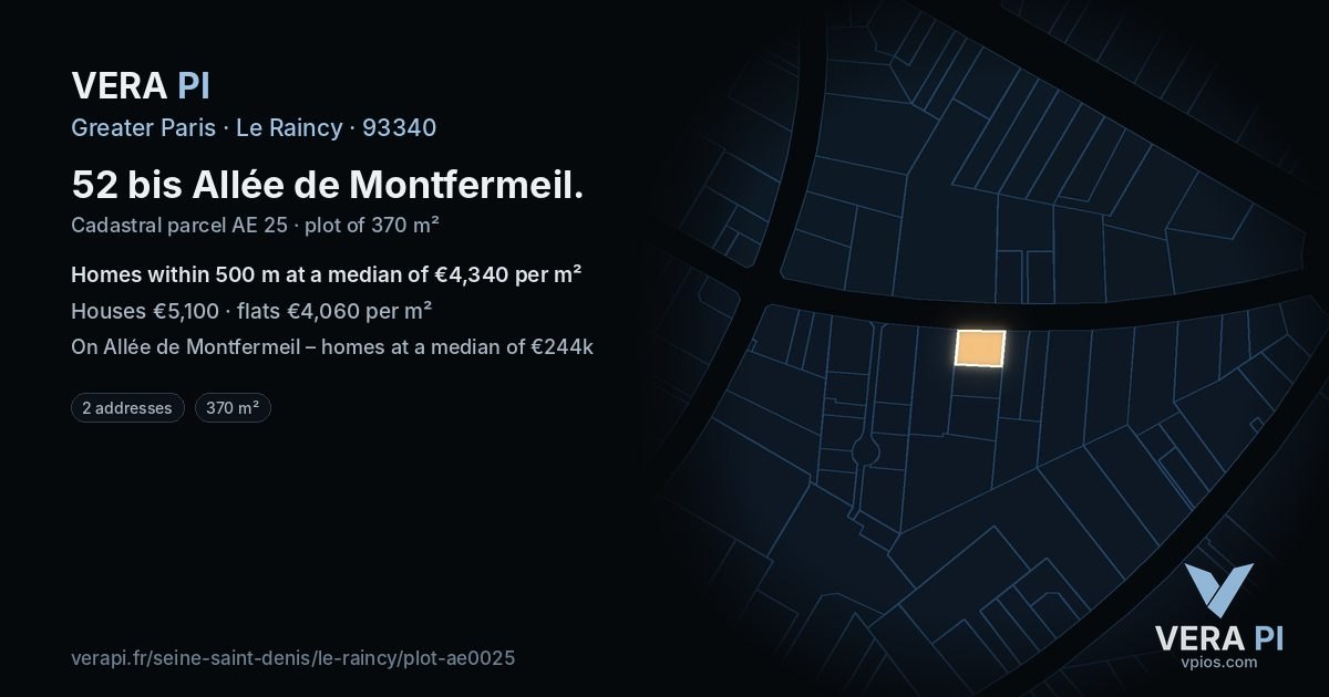 52 bis Allée de Montfermeil, Le Raincy at night – the plot lit, the parcels around coloured by the prices near them