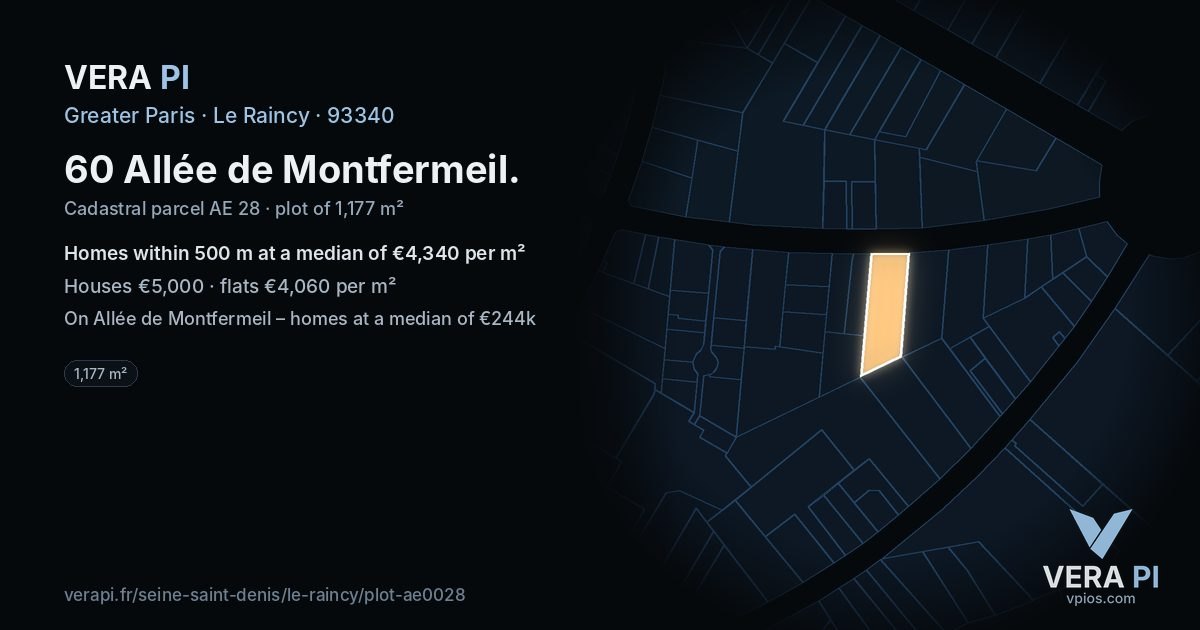 60 Allée de Montfermeil, Le Raincy at night – the plot lit, the parcels around coloured by the prices near them