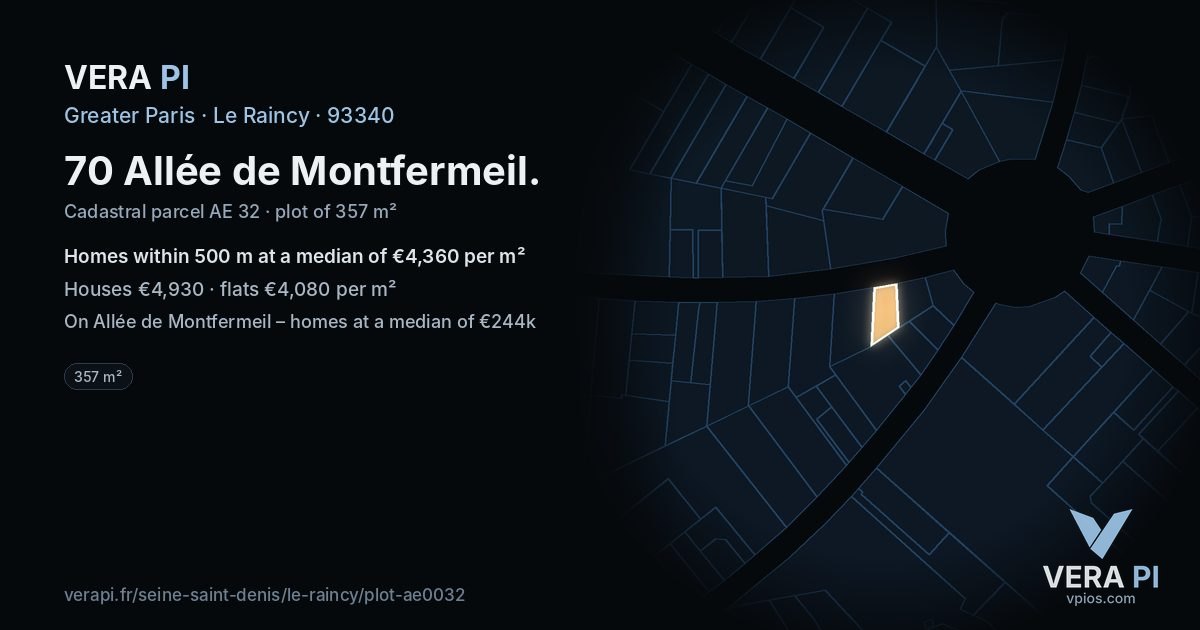 70 Allée de Montfermeil, Le Raincy at night – the plot lit, the parcels around coloured by the prices near them