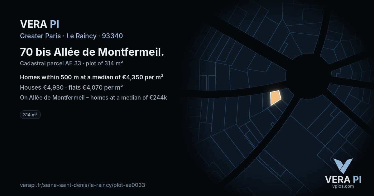 70 bis Allée de Montfermeil, Le Raincy at night – the plot lit, the parcels around coloured by the prices near them
