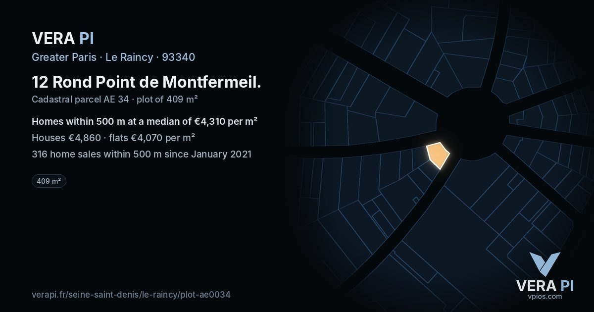 12 Rond Point de Montfermeil, Le Raincy at night – the plot lit, the parcels around coloured by the prices near them
