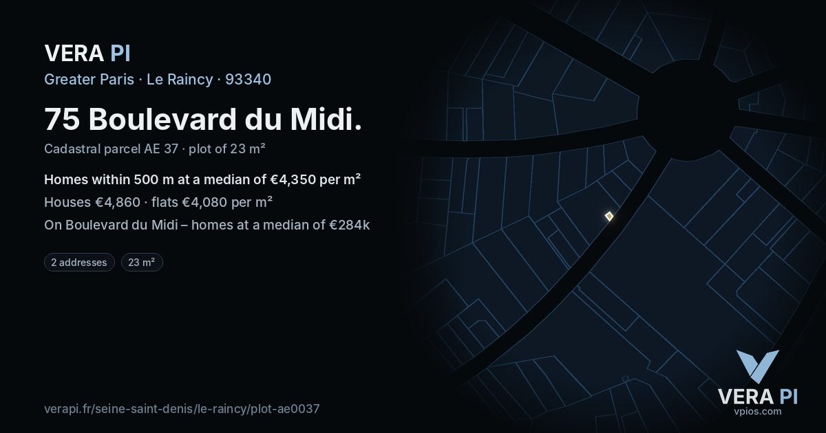 75 Boulevard du Midi, Le Raincy at night – the plot lit, the parcels around coloured by the prices near them