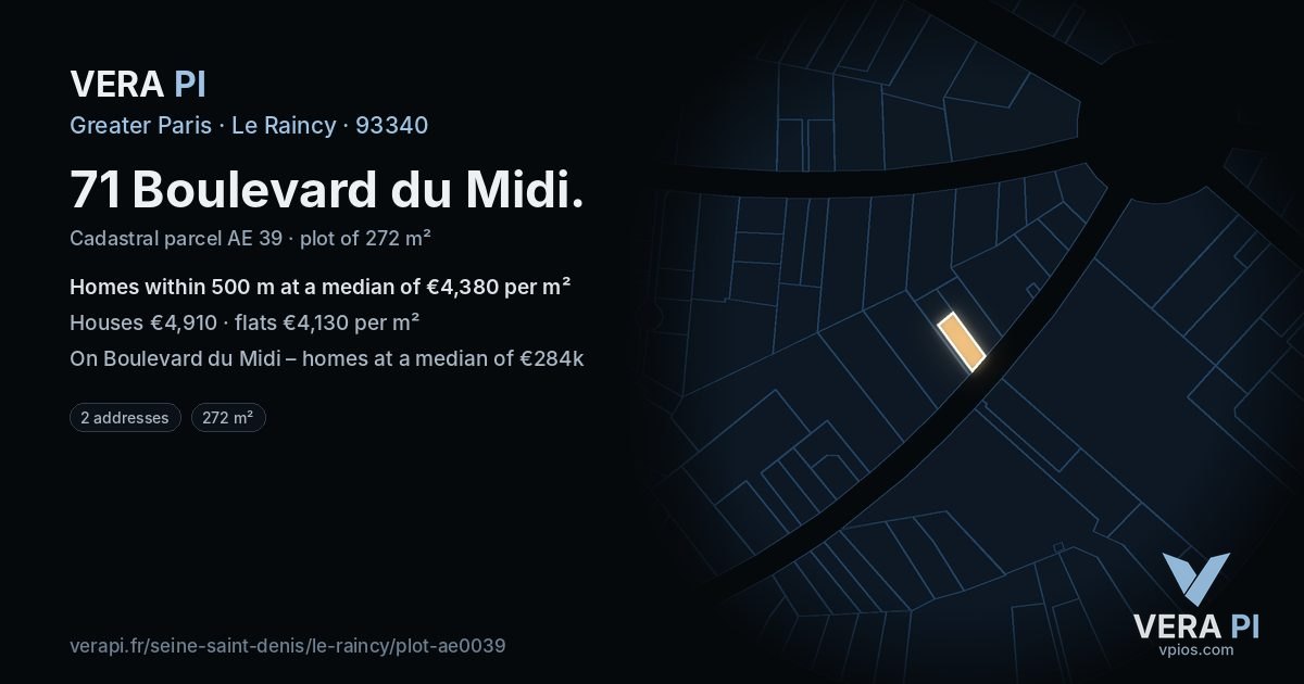 71 Boulevard du Midi, Le Raincy at night – the plot lit, the parcels around coloured by the prices near them