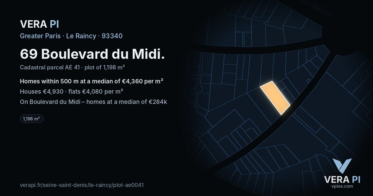 69 Boulevard du Midi, Le Raincy at night – the plot lit, the parcels around coloured by the prices near them