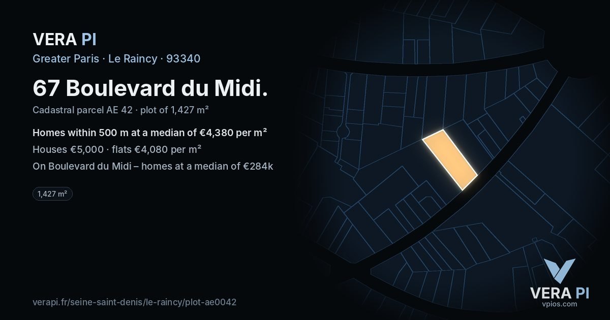 67 Boulevard du Midi, Le Raincy at night – the plot lit, the parcels around coloured by the prices near them