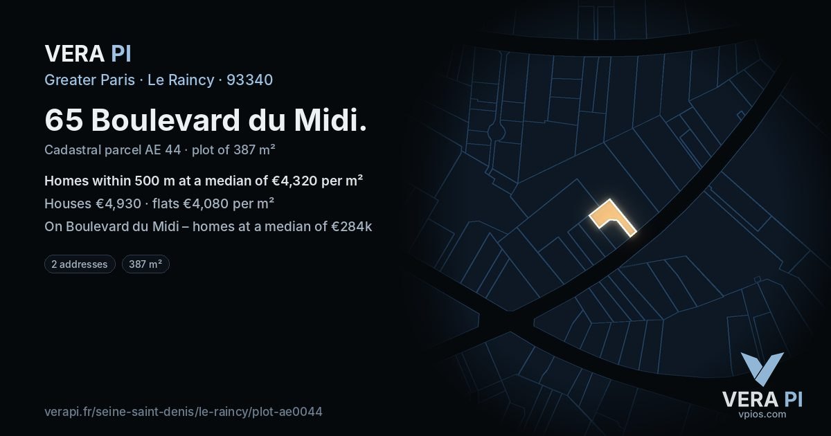 65 Boulevard du Midi, Le Raincy at night – the plot lit, the parcels around coloured by the prices near them