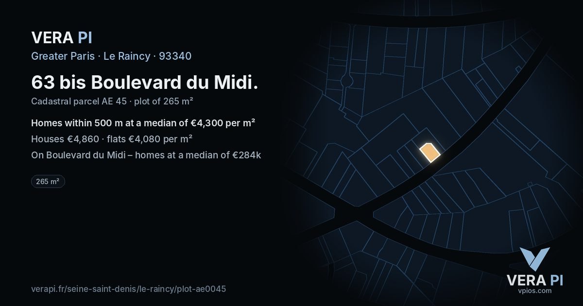 63 bis Boulevard du Midi, Le Raincy at night – the plot lit, the parcels around coloured by the prices near them