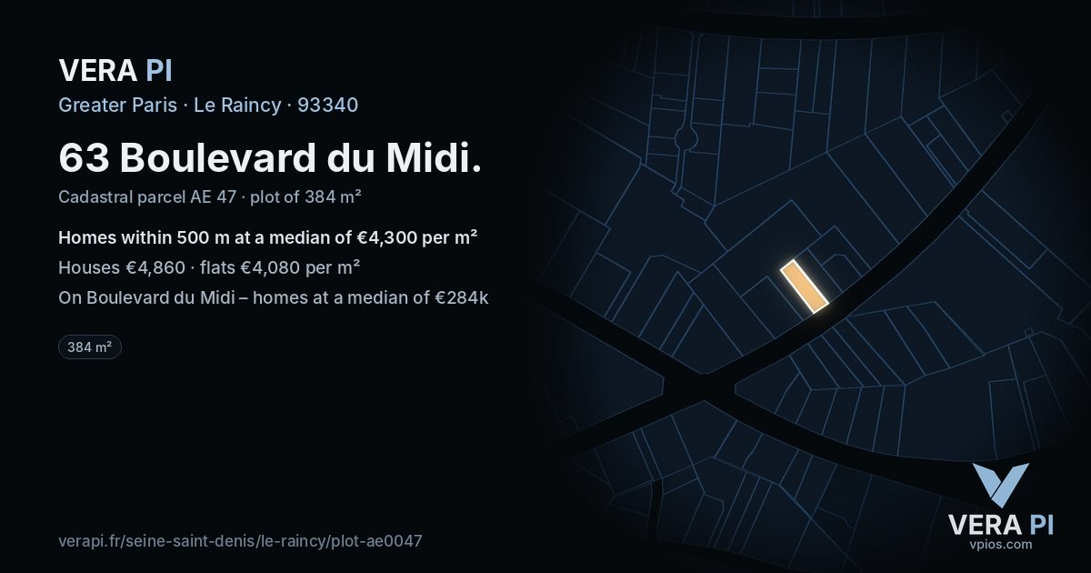 63 Boulevard du Midi, Le Raincy at night – the plot lit, the parcels around coloured by the prices near them