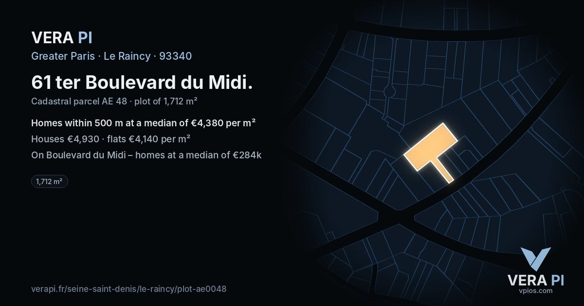 61 ter Boulevard du Midi, Le Raincy at night – the plot lit, the parcels around coloured by the prices near them