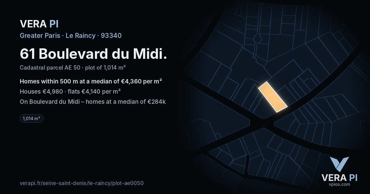 61 Boulevard du Midi, Le Raincy at night – the plot lit, the parcels around coloured by the prices near them