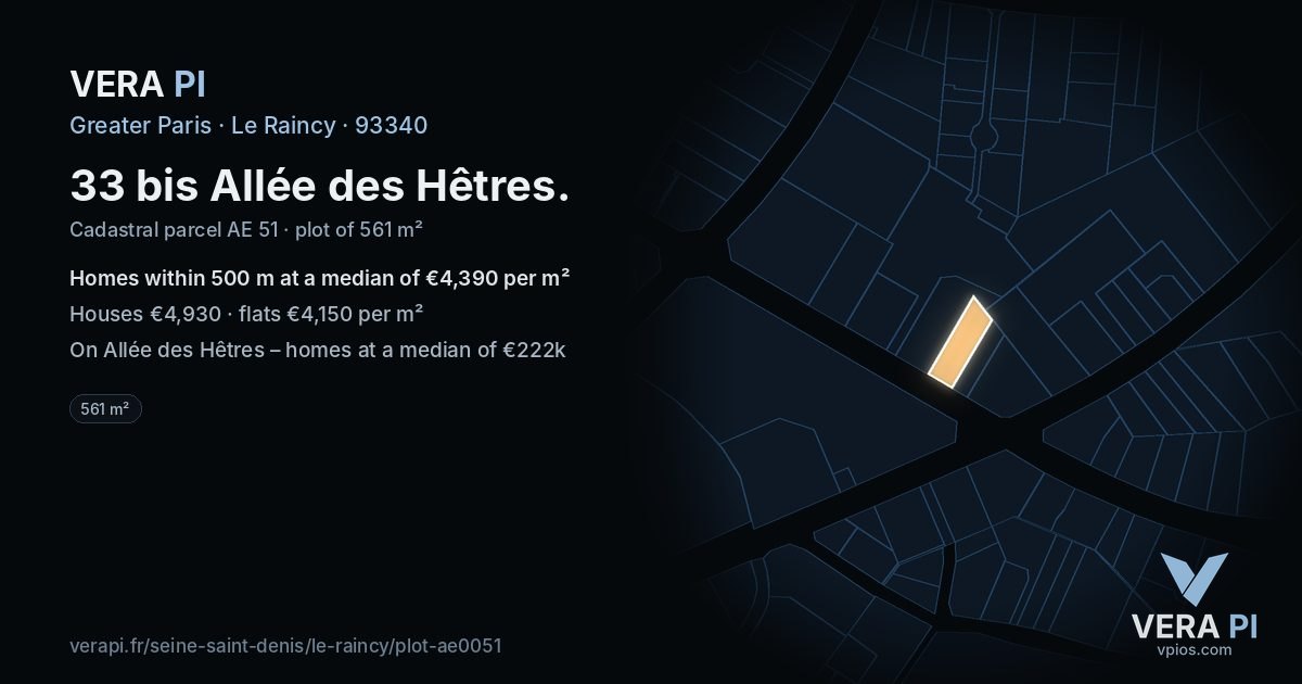 33 bis Allée des Hêtres, Le Raincy at night – the plot lit, the parcels around coloured by the prices near them