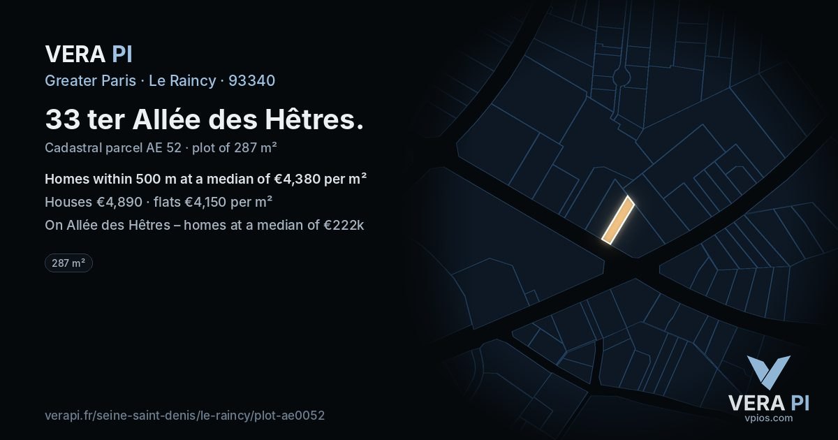 33 ter Allée des Hêtres, Le Raincy at night – the plot lit, the parcels around coloured by the prices near them